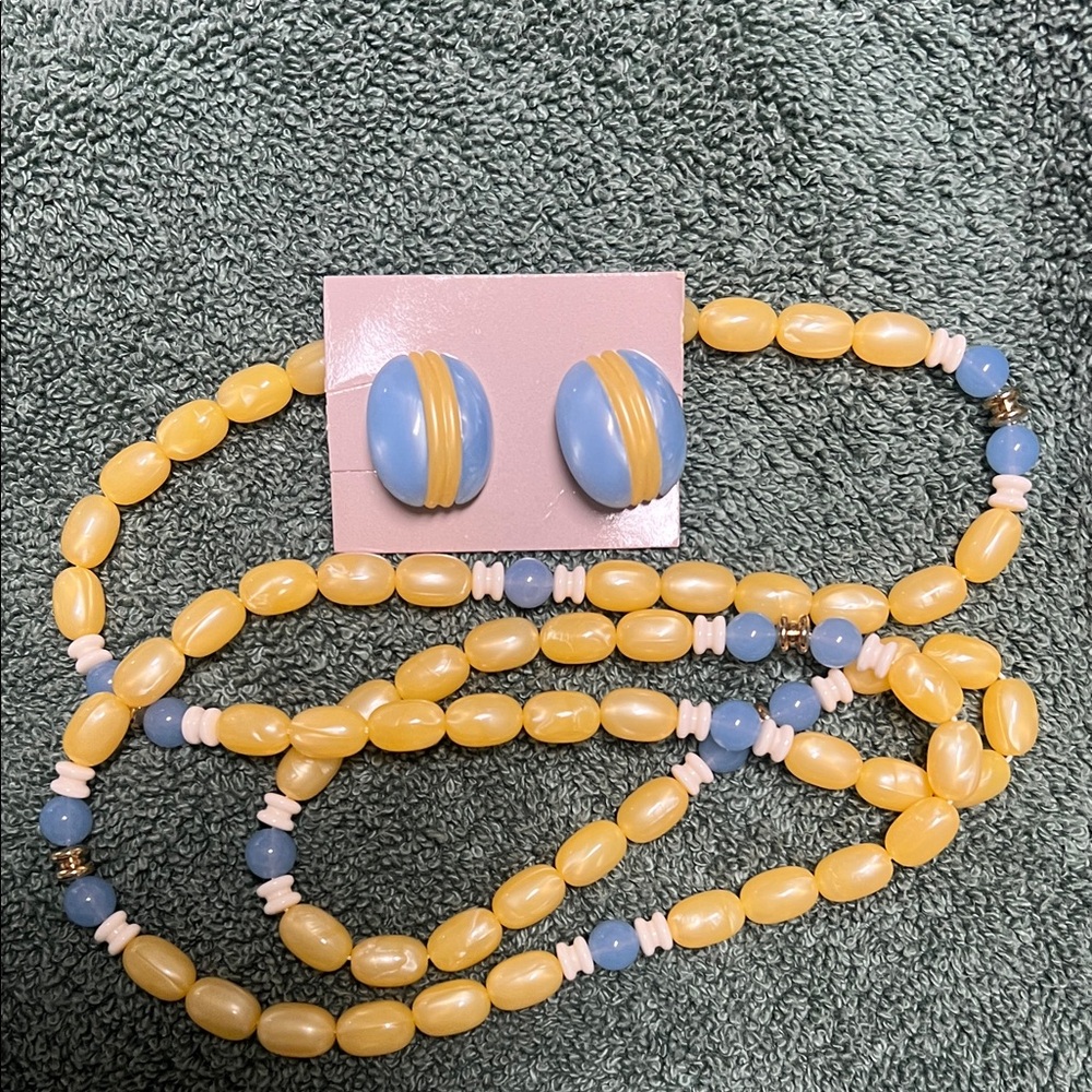 Yellow and Blue Beaded Necklace and Earring Set